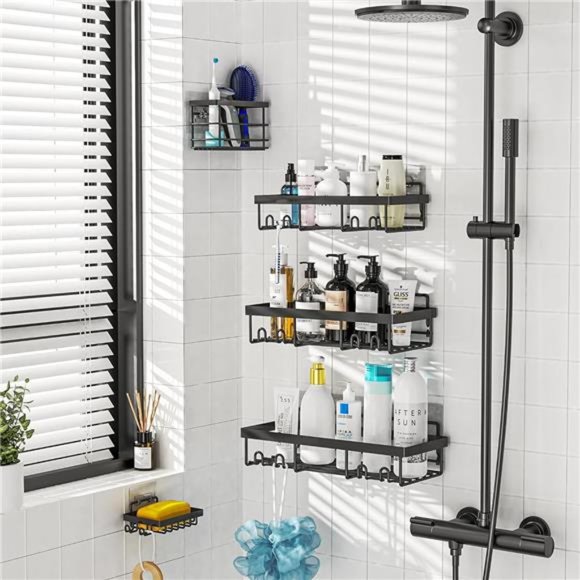 5 Pack Shower Caddy Shelf Organizers Rack, Self Adhesive Black Bathroom Storage - Picture 5 of 8